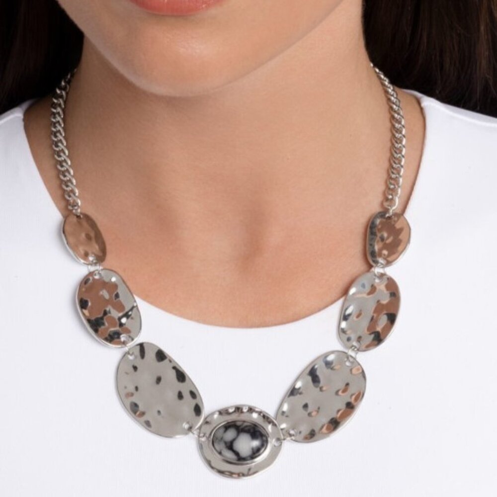 Silver tone Necklace with Black and White marble design Center - Textured Timbre